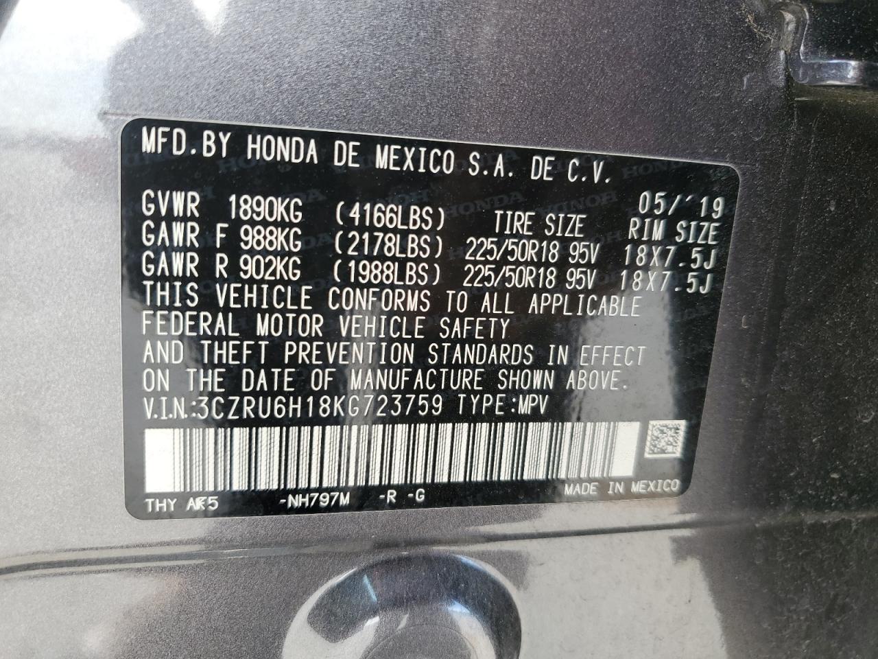 3CZRU6H18KG723759 2019 Honda Hr-V Sport