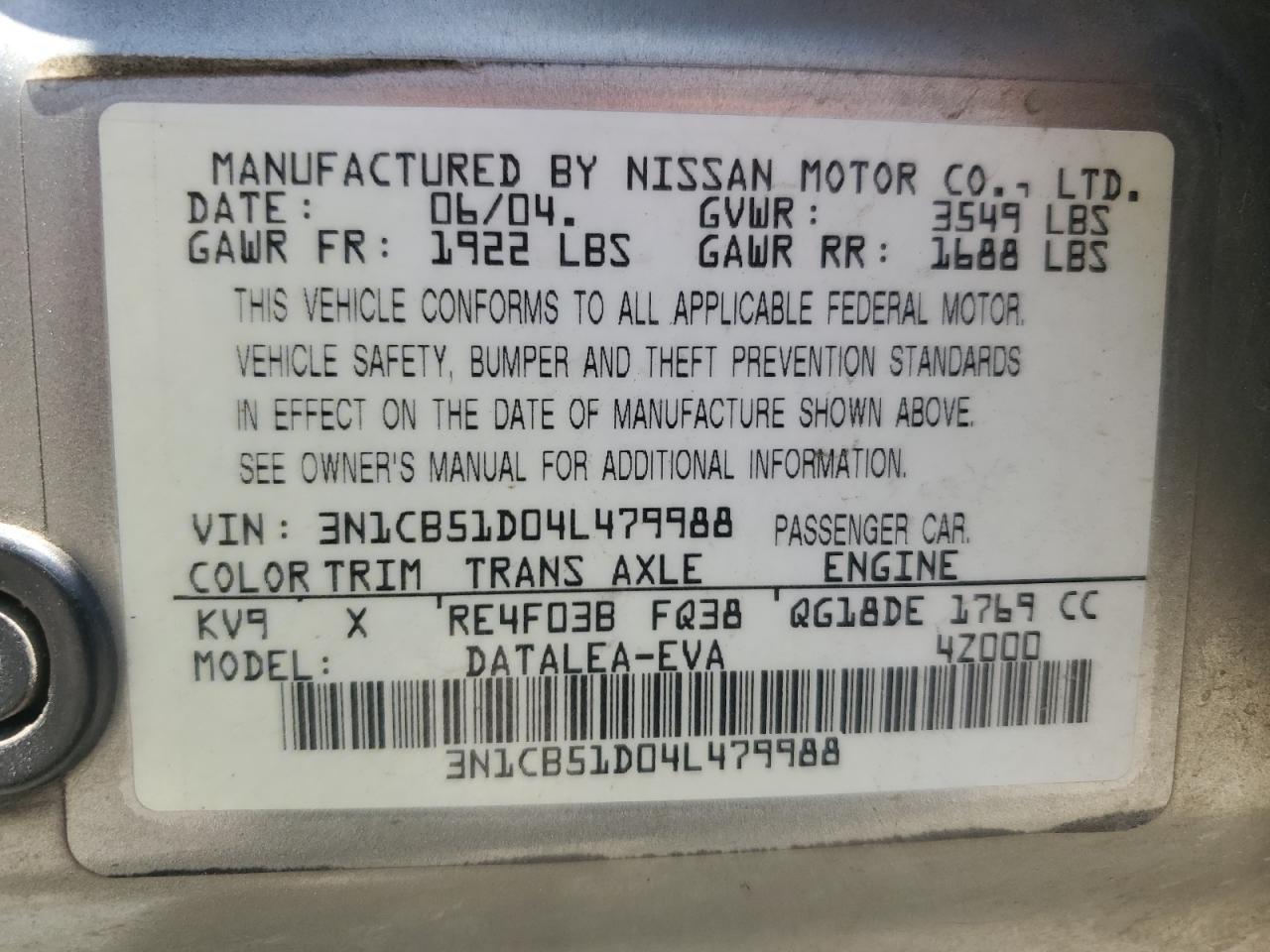 3N1CB51D04L479988 2004 Nissan Sentra 1.8