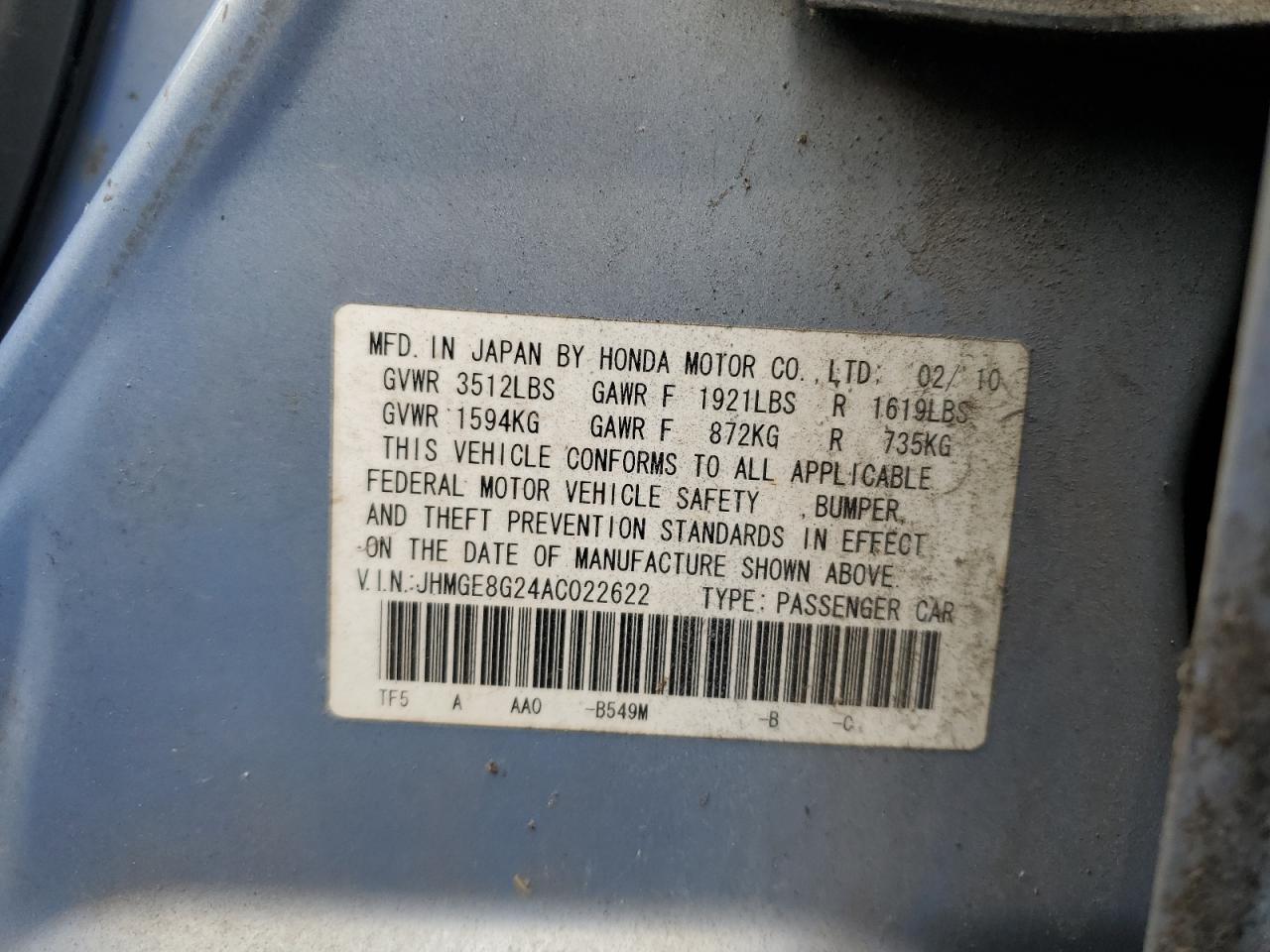 JHMGE8G24AC022622 2010 Honda Fit