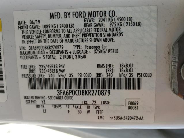 2019 Ford Fusion Sel VIN: 3FA6P0CD8KR270879 Lot: 54491774