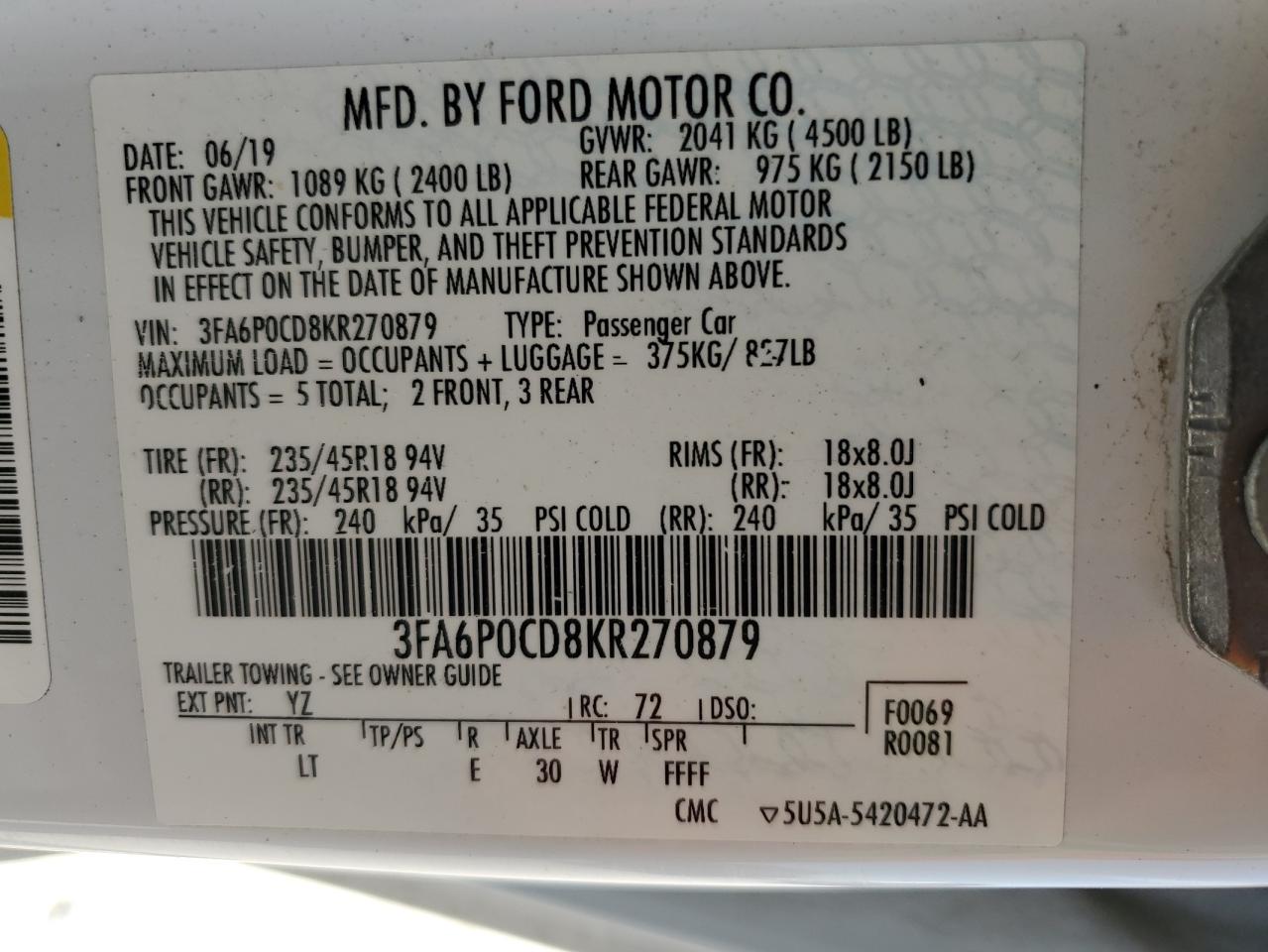 3FA6P0CD8KR270879 2019 Ford Fusion Sel