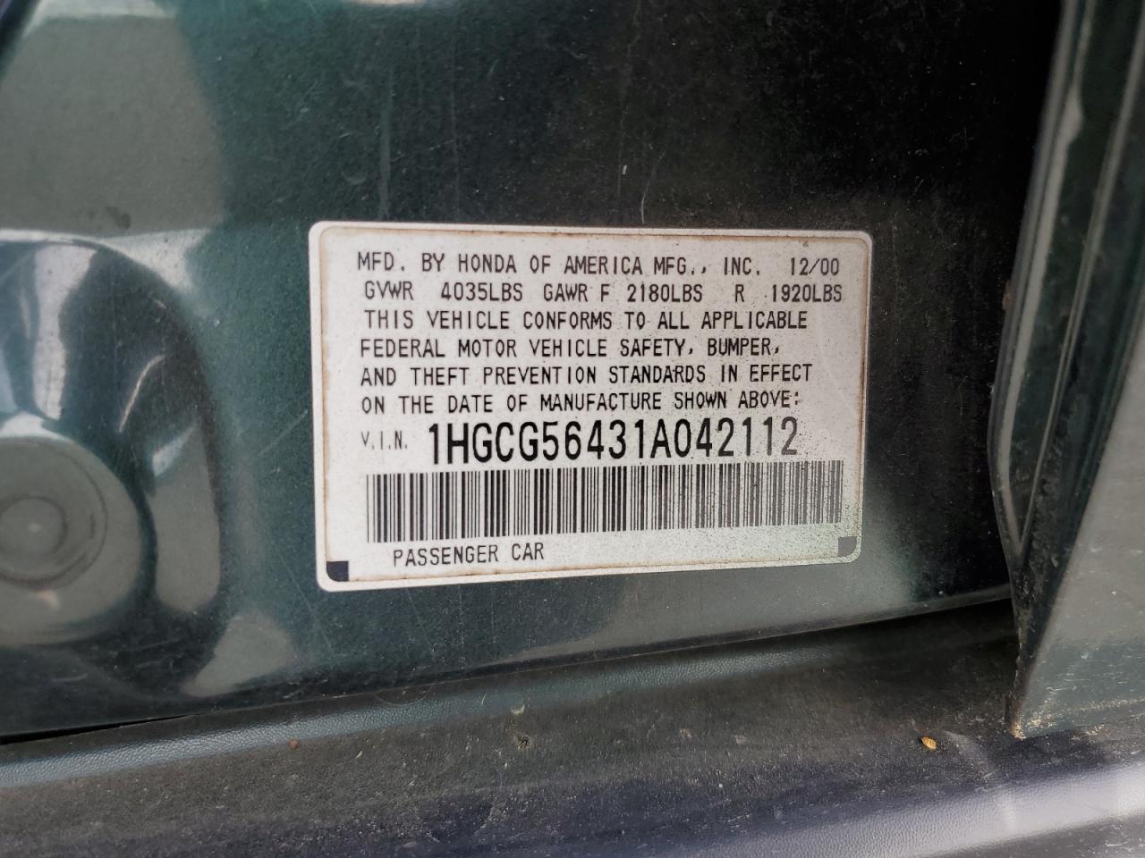 1HGCG56431A042112 2001 Honda Accord Lx