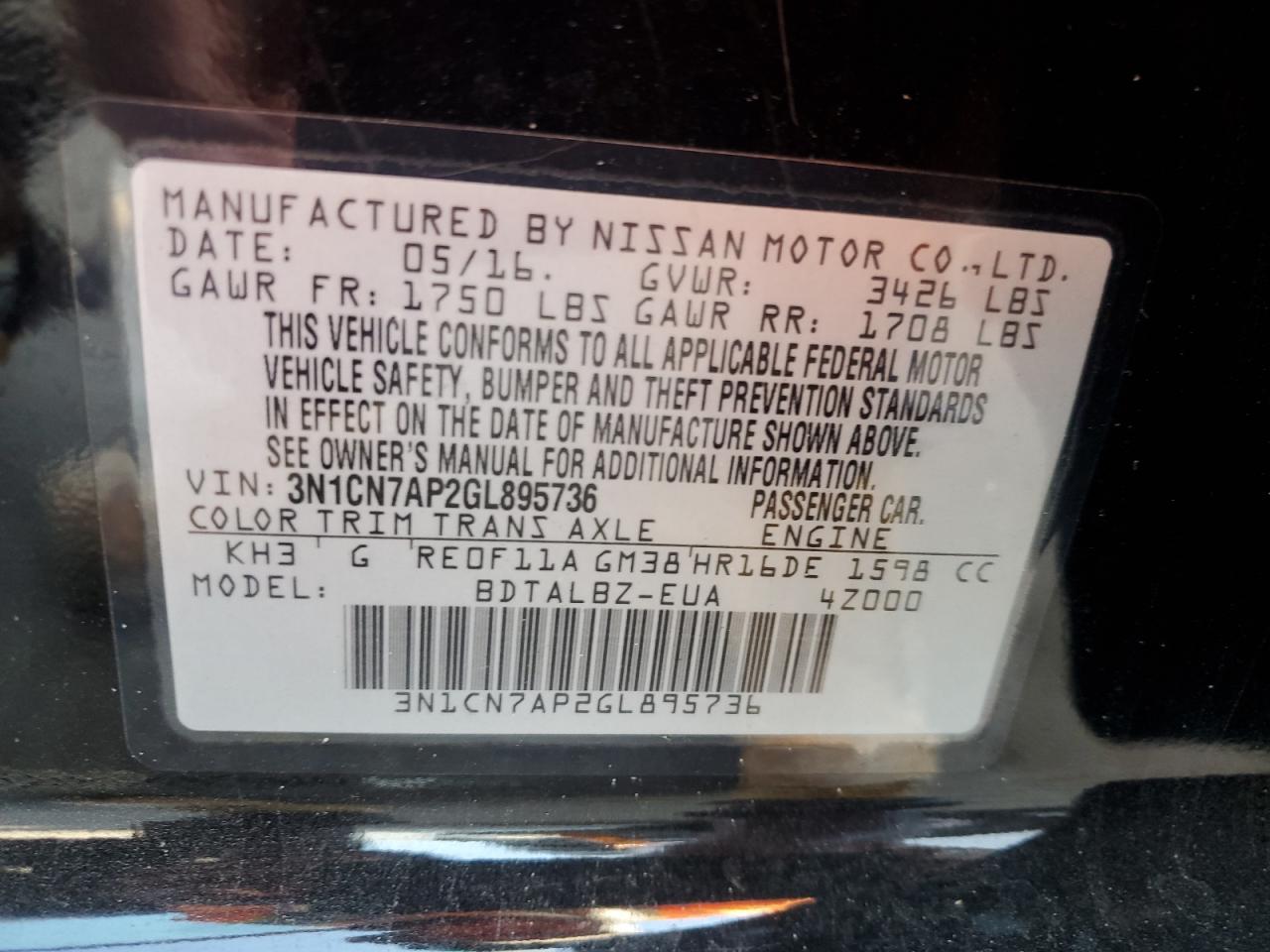 3N1CN7AP2GL895736 NISSAN VERSA 2016