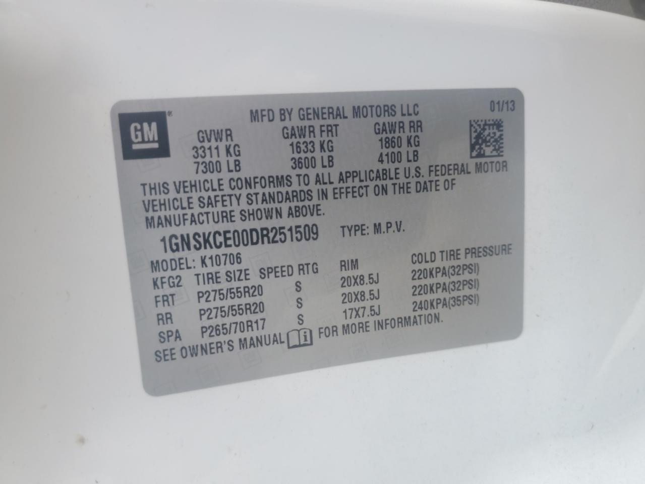 1GNSKCE00DR251509 2013 Chevrolet Tahoe K1500 Ltz