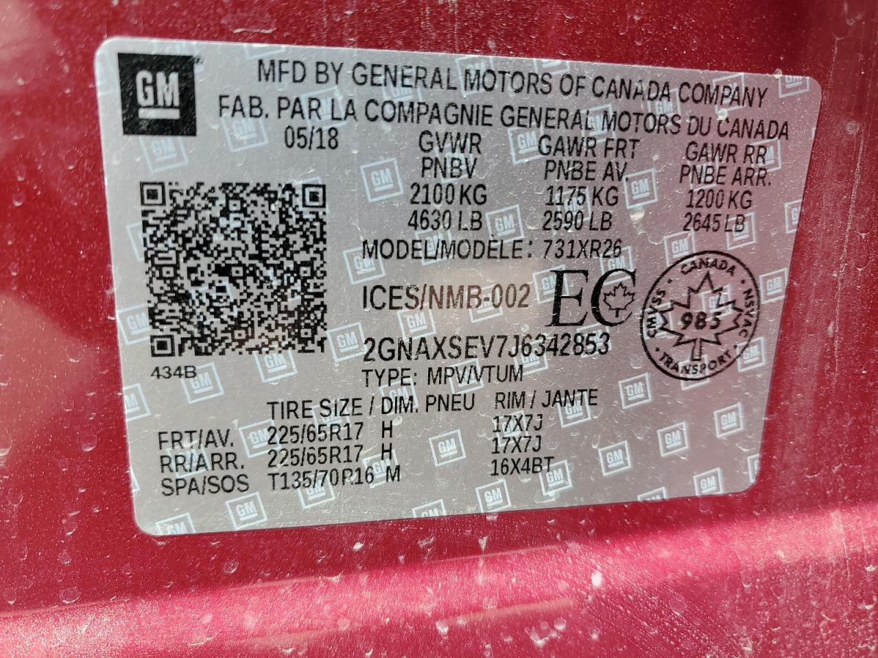 2GNAXSEV7J6342853 2018 Chevrolet Equinox Lt