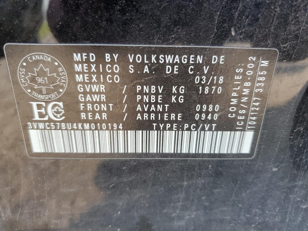 3VWC57BU4KM010194 2019 Volkswagen Jetta S