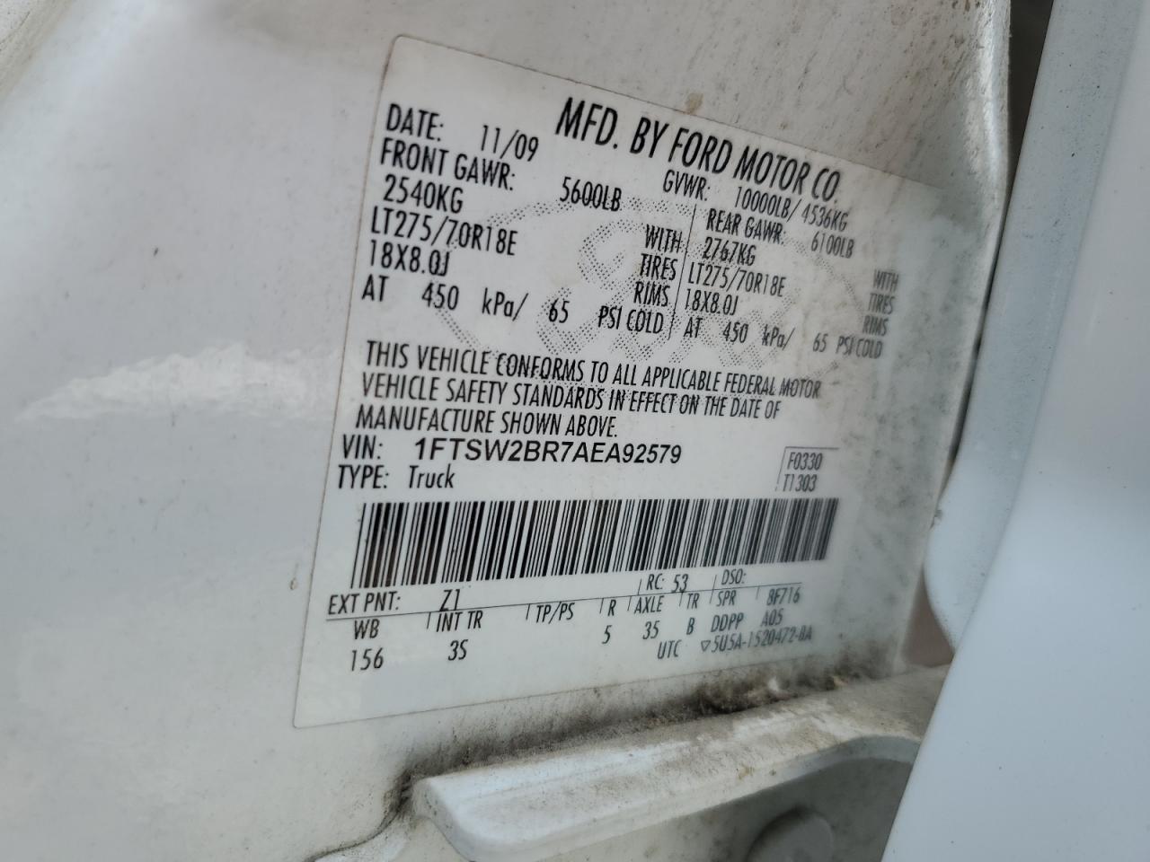 1FTSW2BR7AEA92579 2010 Ford F250 Super Duty