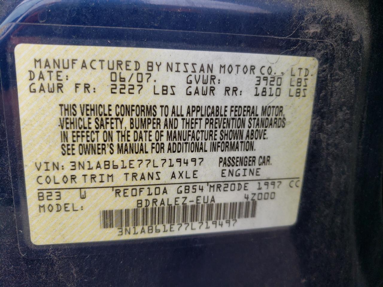 3N1AB61E77L719497 2007 Nissan Sentra 2.0