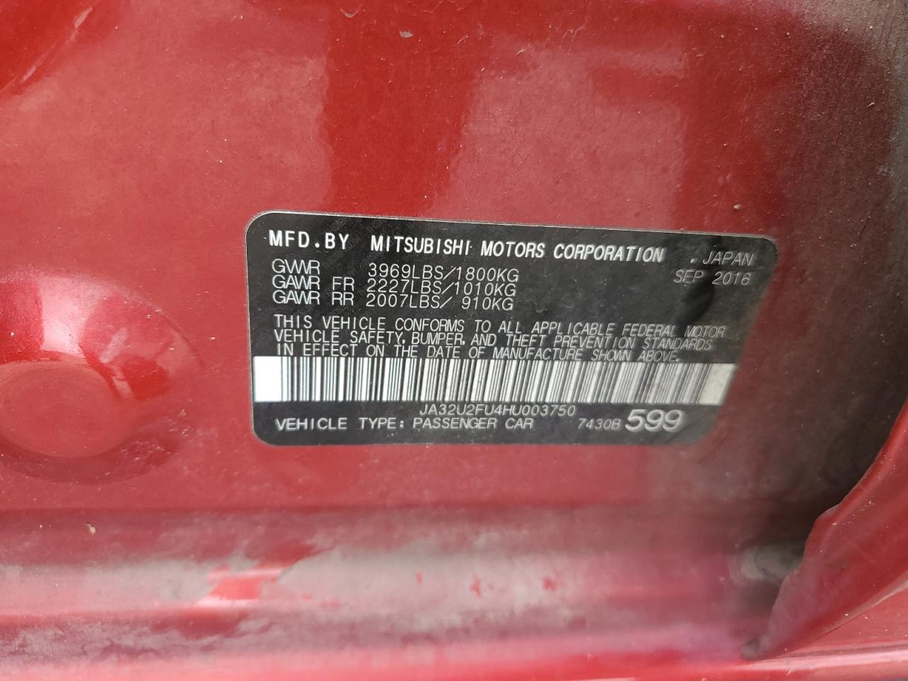 JA32U2FU4HU003750 2017 Mitsubishi Lancer Es