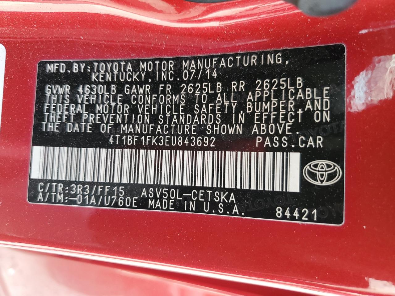 4T1BF1FK3EU843692 2014 Toyota Camry L