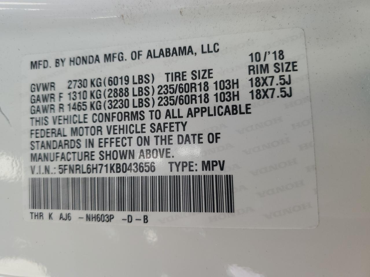 5FNRL6H71KB043656 2019 Honda Odyssey Exl