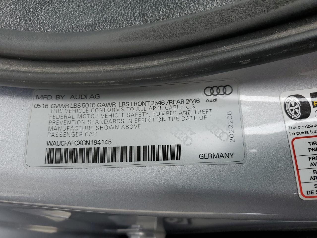 WAUCFAFCXGN194145 2016 Audi A6 Premium