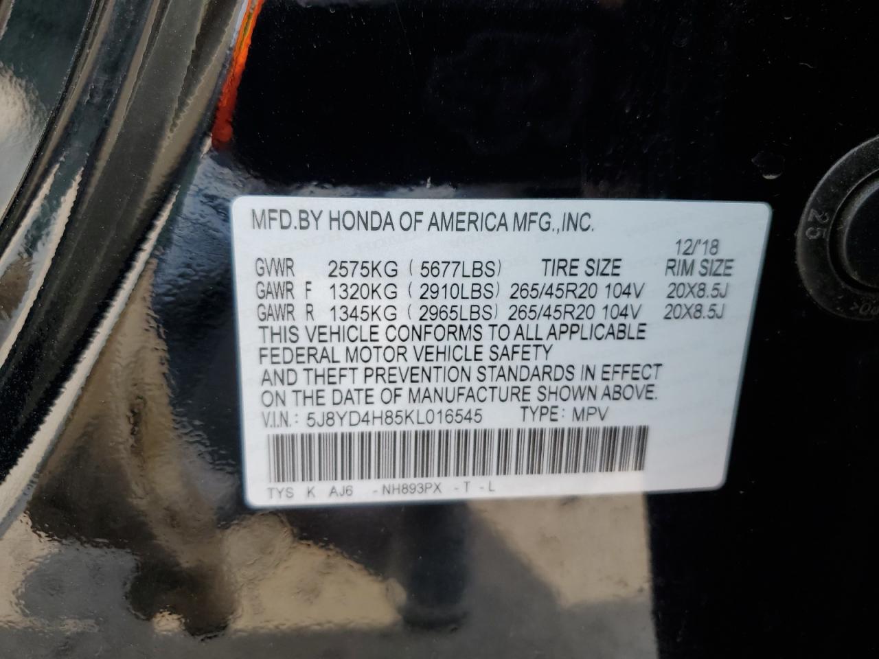 5J8YD4H85KL016545 2019 Acura Mdx Advance