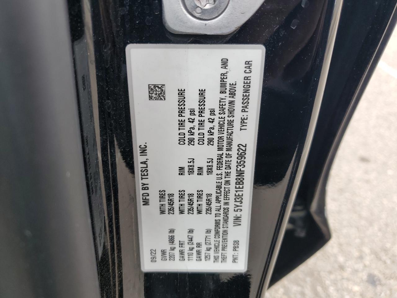 5YJ3E1EB8NF359622 2022 Tesla Model 3