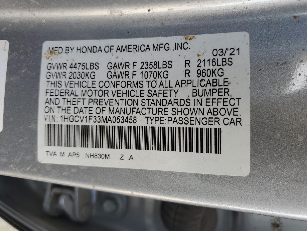 1HGCV1F33MA053458 2021 Honda Accord Sport