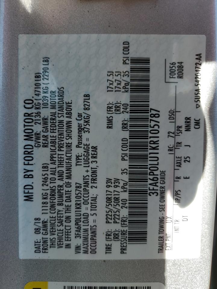 3FA6P0LU1KR105787 2019 Ford Fusion Se