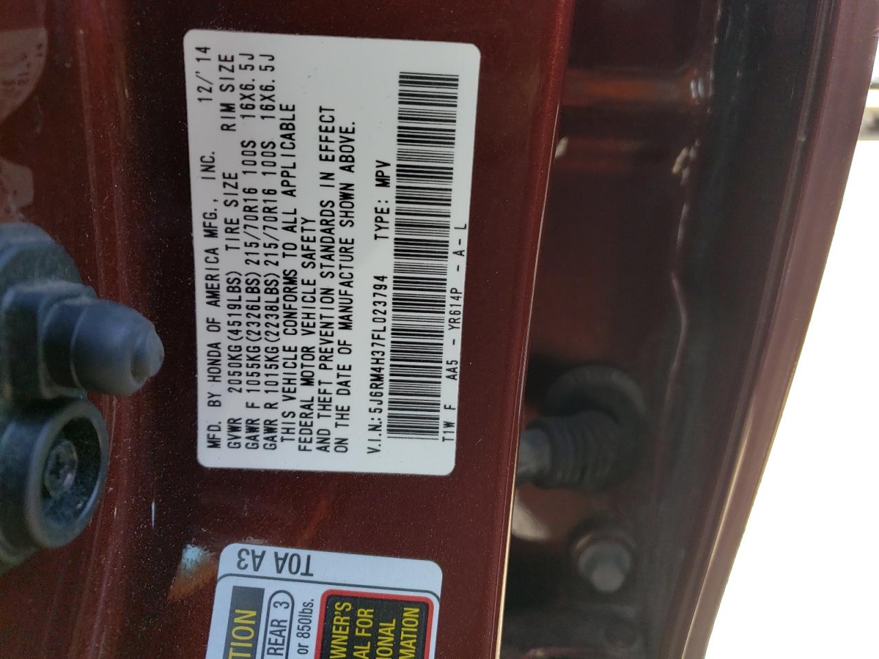 5J6RM4H37FL023794 2015 Honda Cr-V Lx