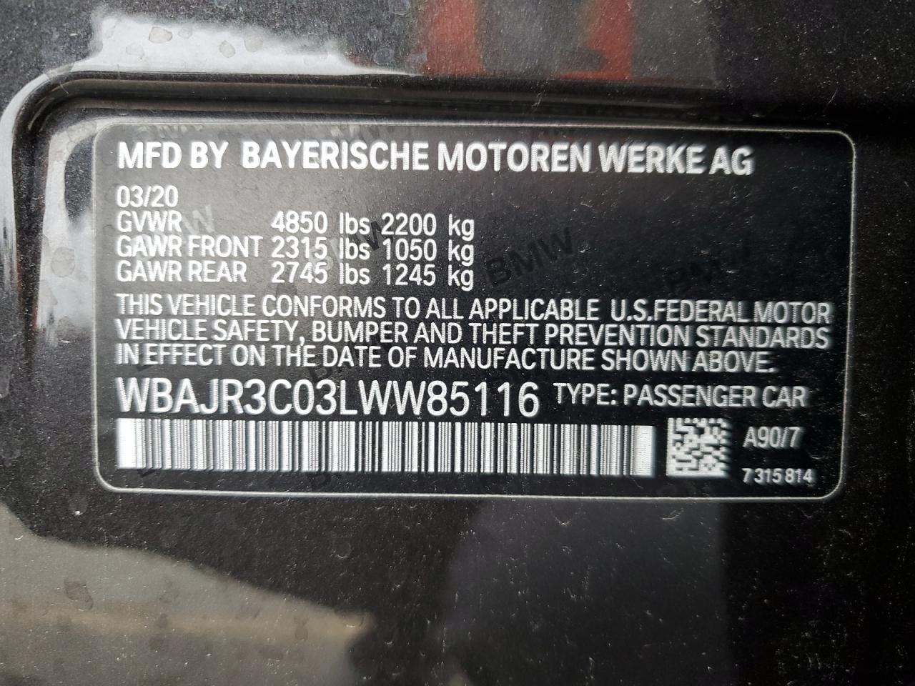 WBAJR3C03LWW85116 2020 BMW 530 I