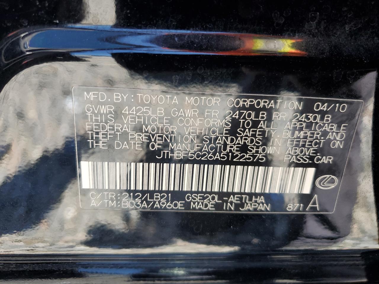 JTHBF5C26A5122575 2010 Lexus Is 250