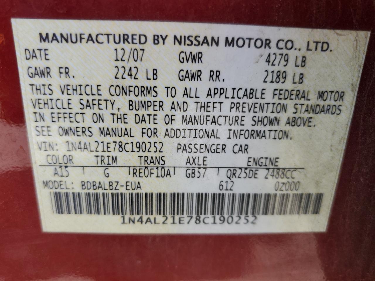 1N4AL21E78C190252 2008 Nissan Altima 2.5