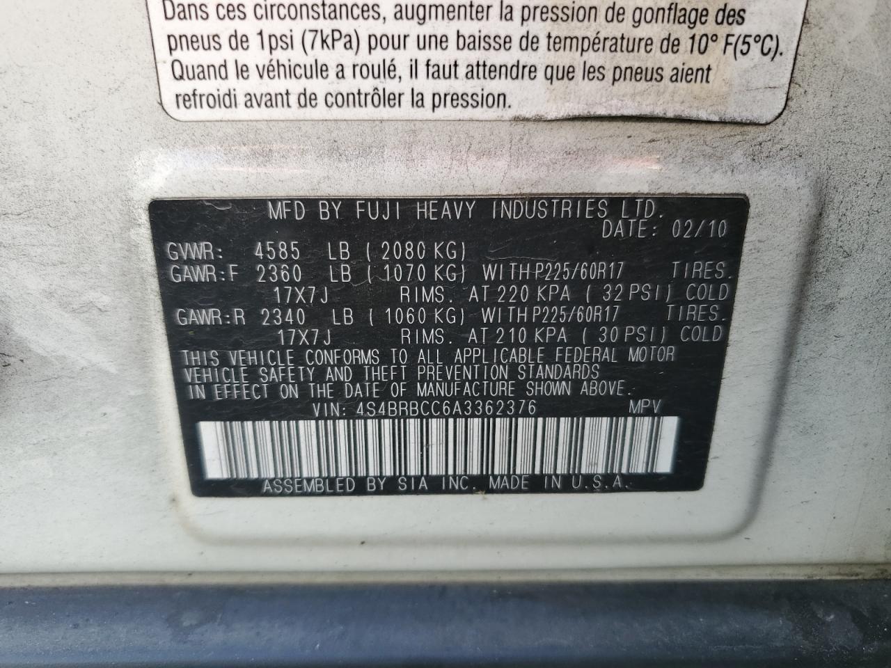 4S4BRBCC6A3362376 2010 Subaru Outback 2.5I Premium