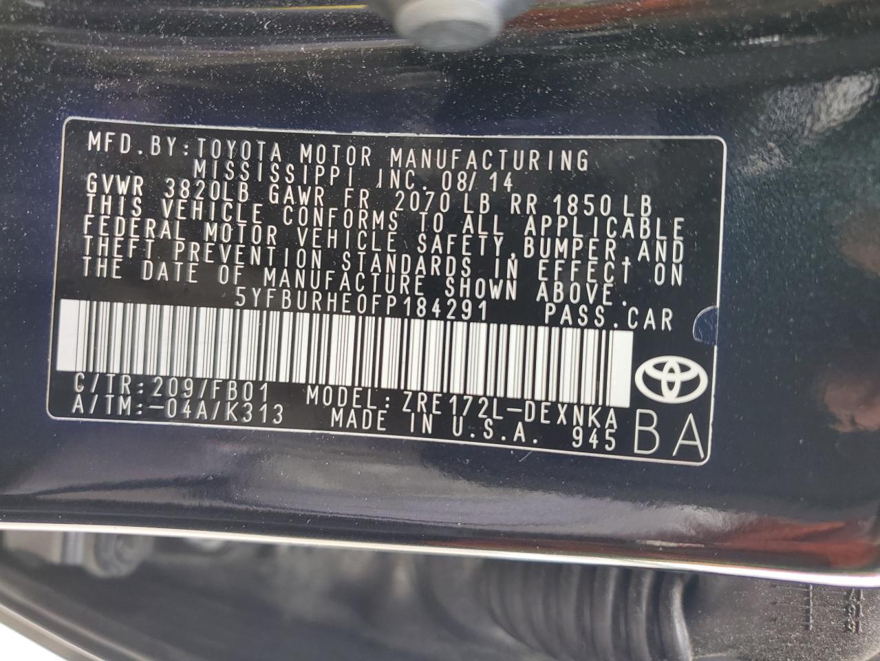 5YFBURHE0FP184291 2015 Toyota Corolla L