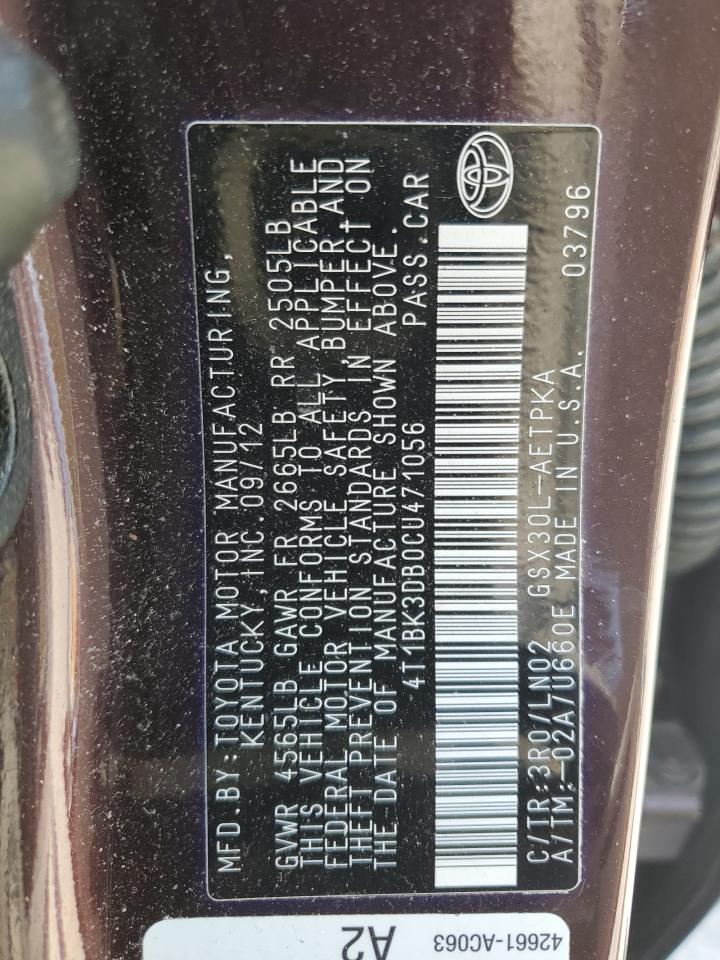 4T1BK3DB0CU471056 2012 Toyota Avalon Base