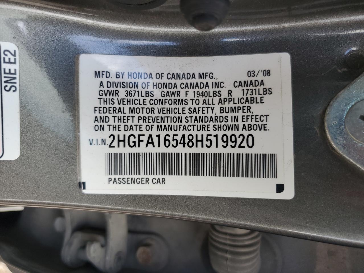 2HGFA16548H519920 2008 Honda Civic Lx