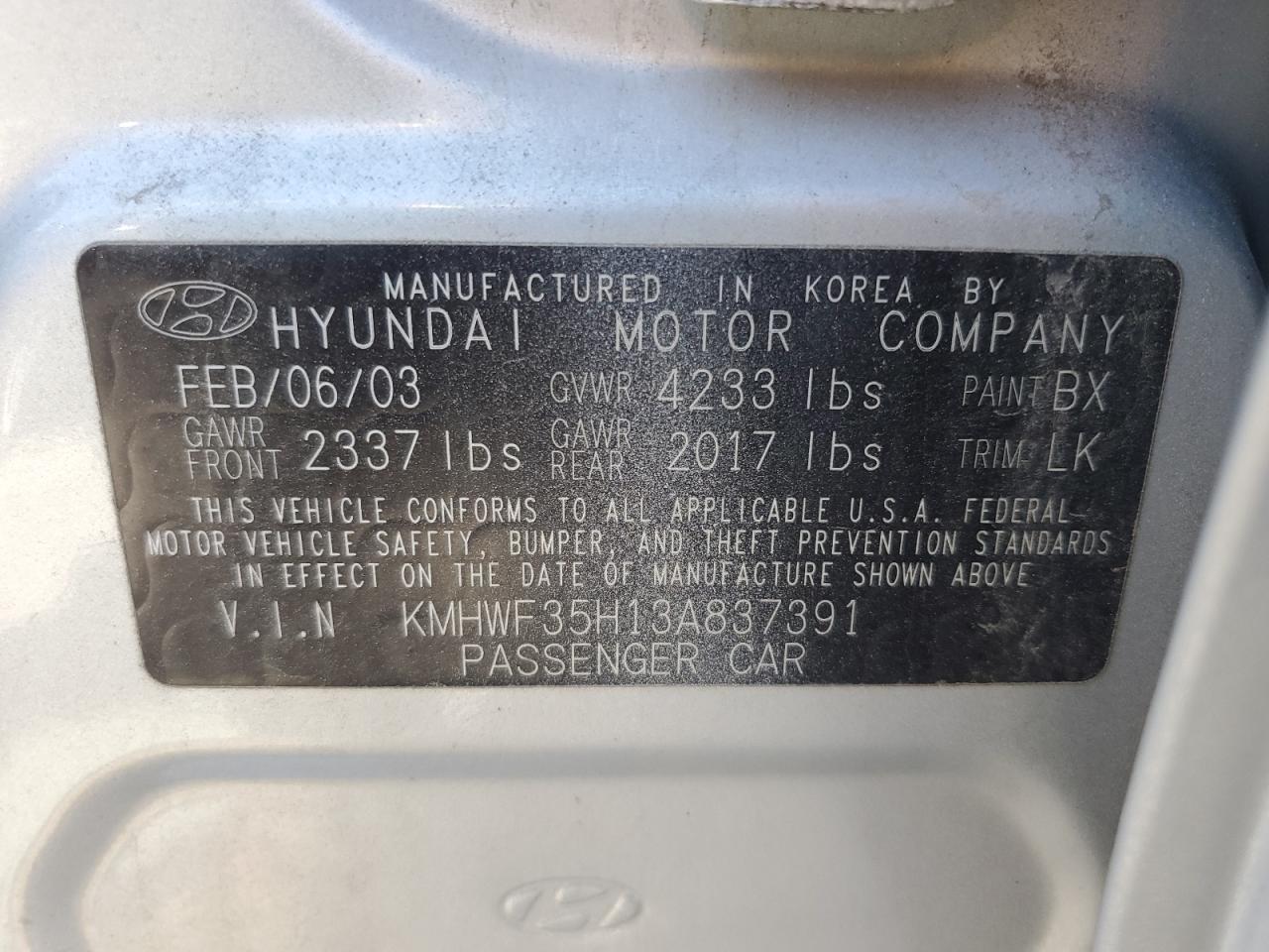 KMHWF35H13A837391 2003 Hyundai Sonata Gls