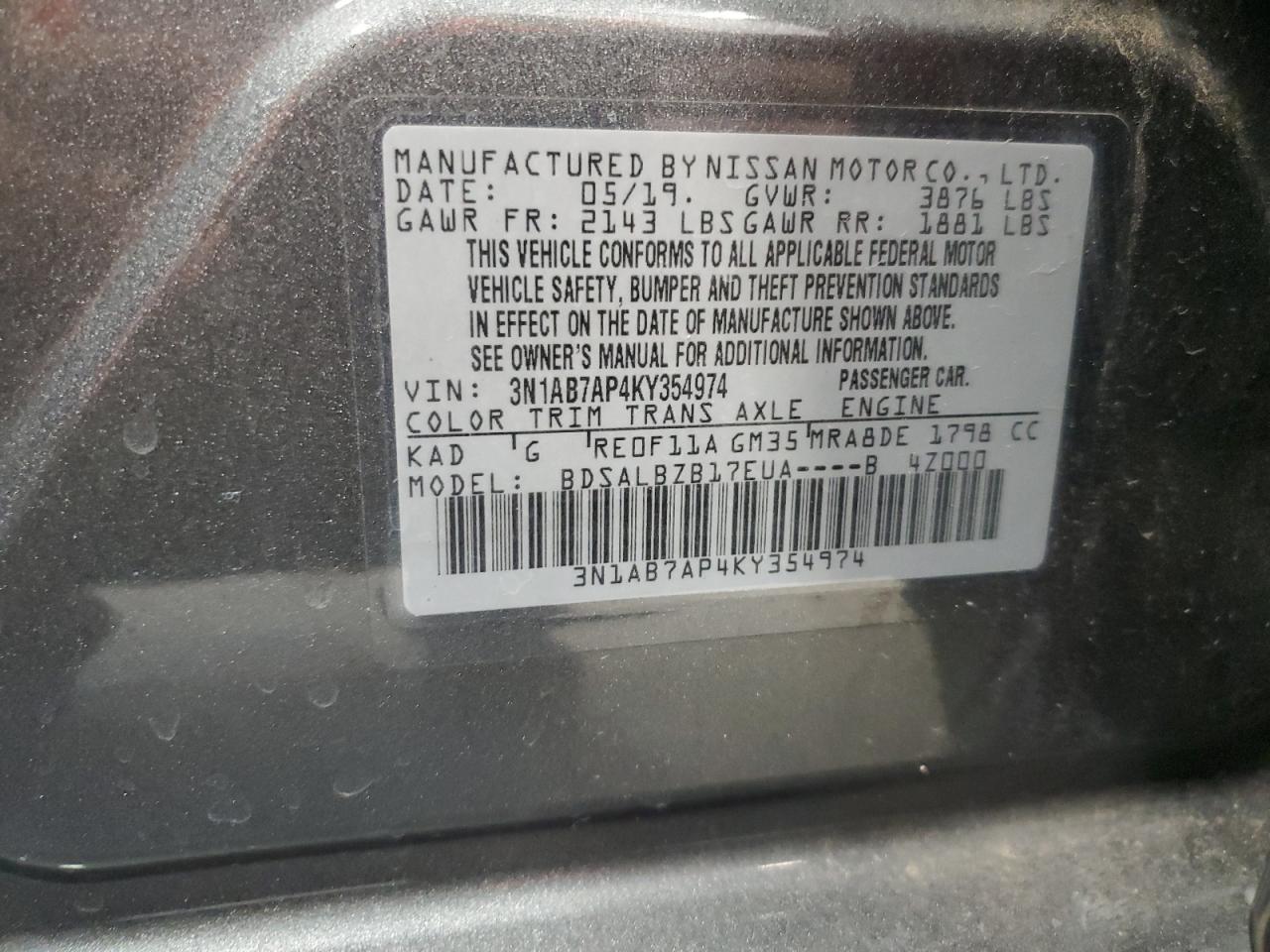 3N1AB7AP4KY354974 2019 Nissan Sentra S