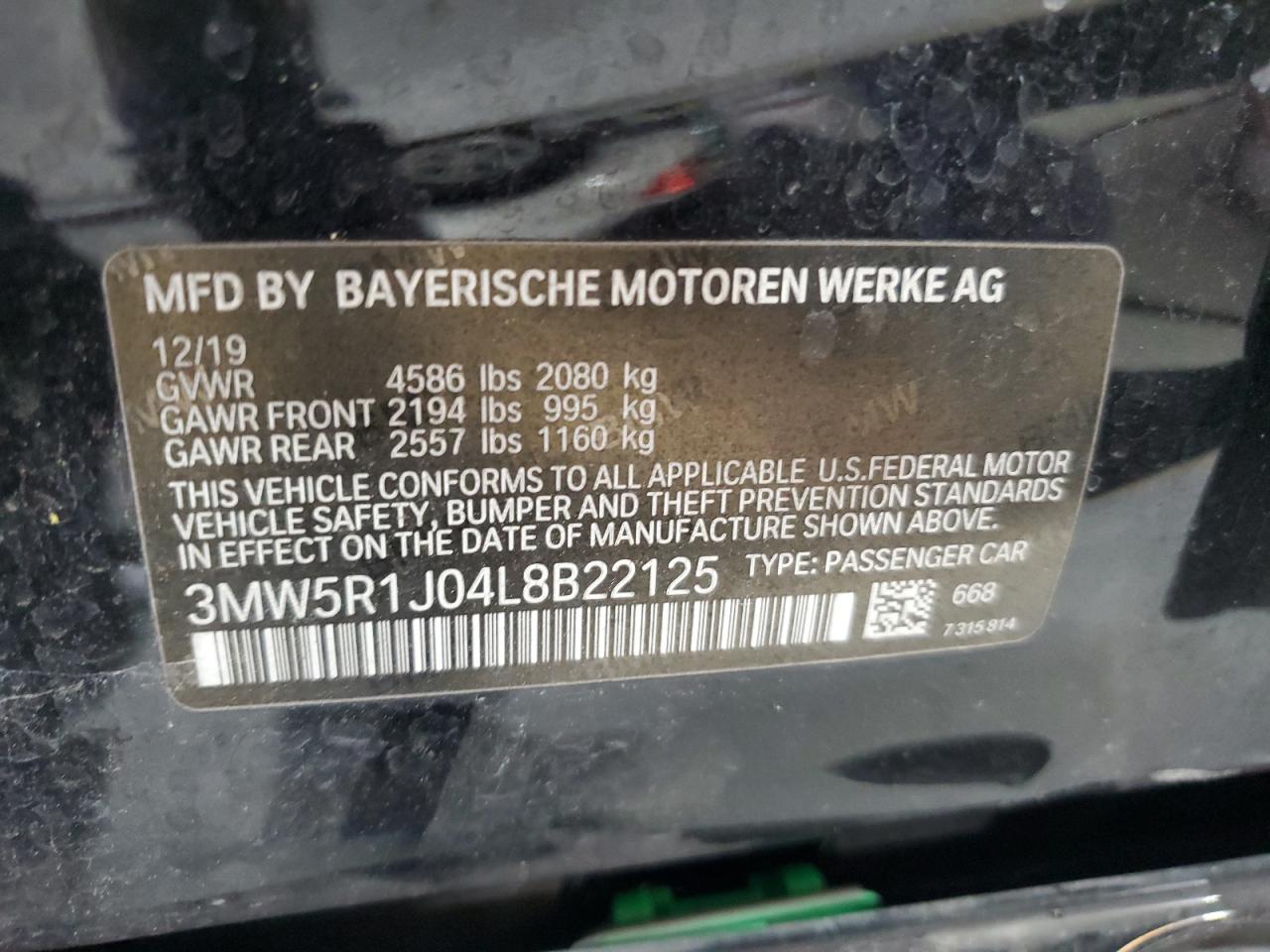 3MW5R1J04L8B22125 2020 BMW 330I