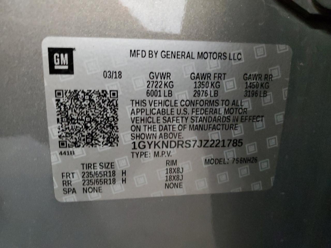 1GYKNDRS7JZ221785 2018 Cadillac Xt5 Luxury