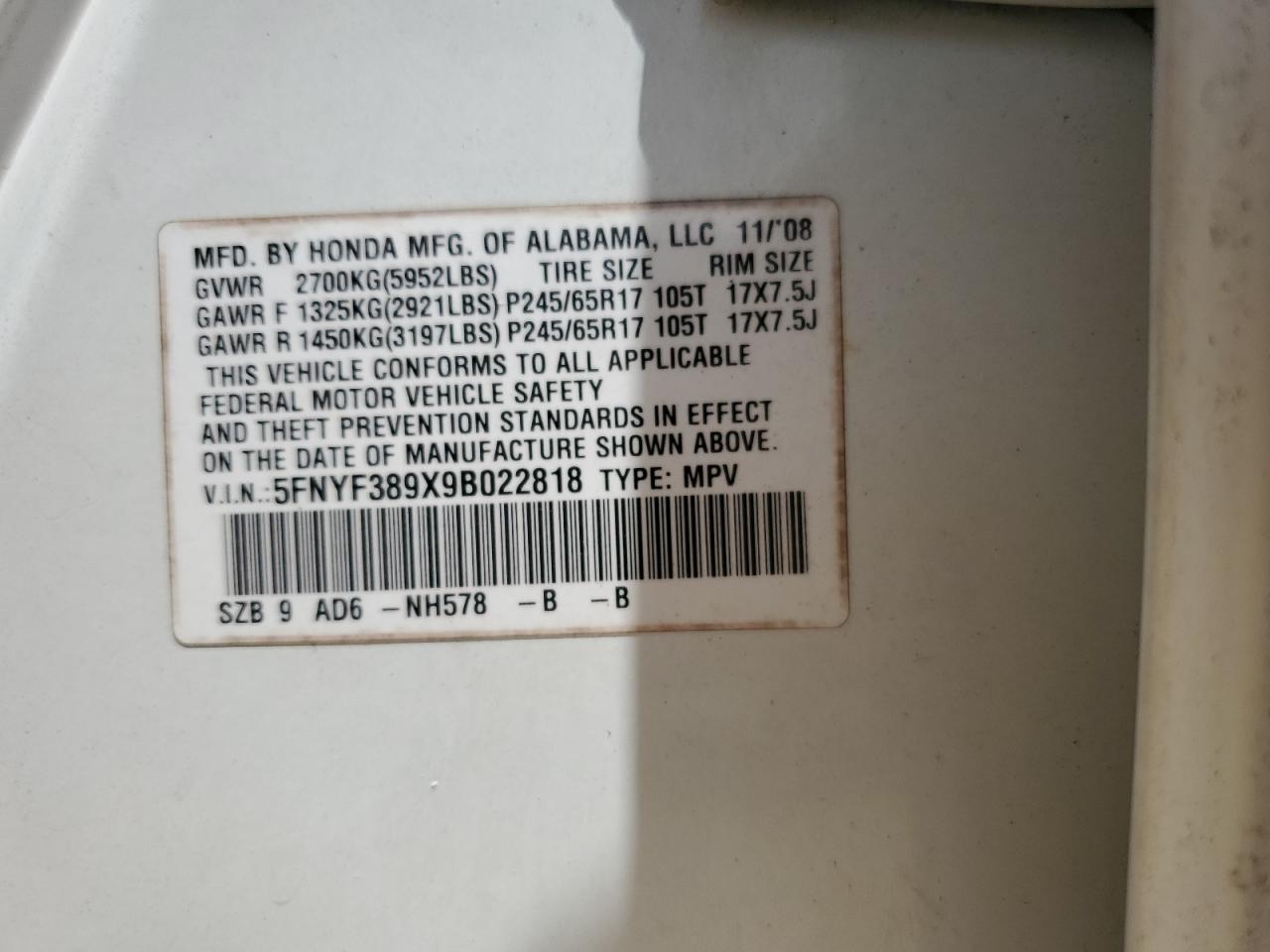 5FNYF389X9B022818 2009 Honda Pilot Touring