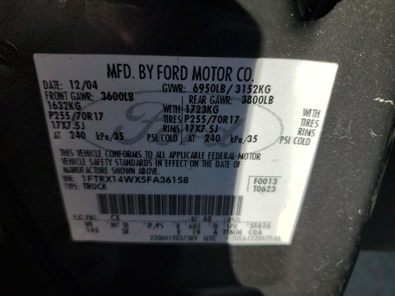 1FTRX14WX5FA36158 2005 Ford F150