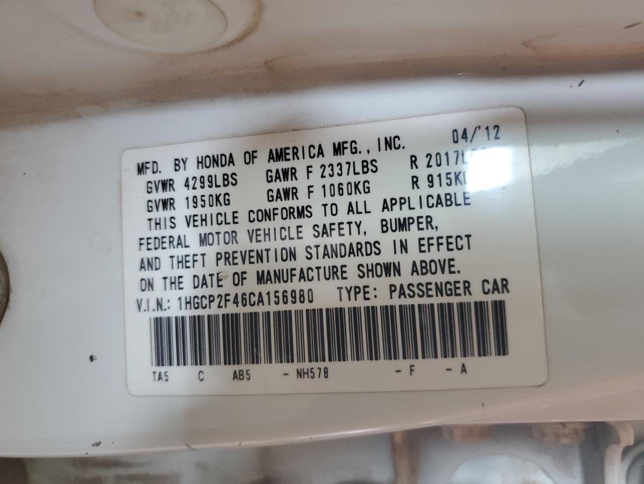 1HGCP2F46CA156980 2012 Honda Accord Lxp