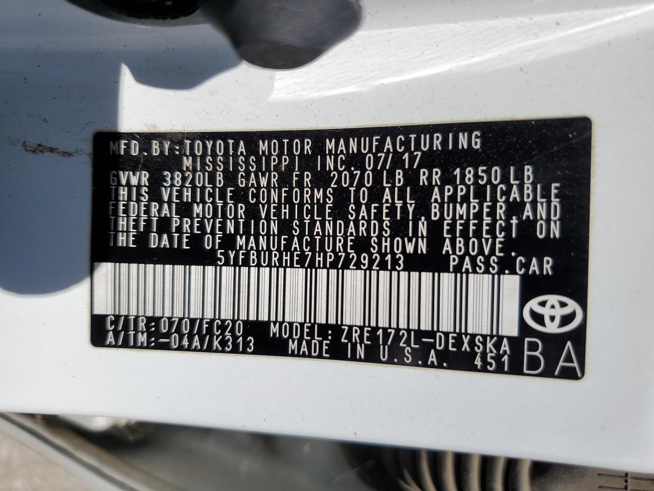 2017 Toyota Corolla L vin: 5YFBURHE7HP729213