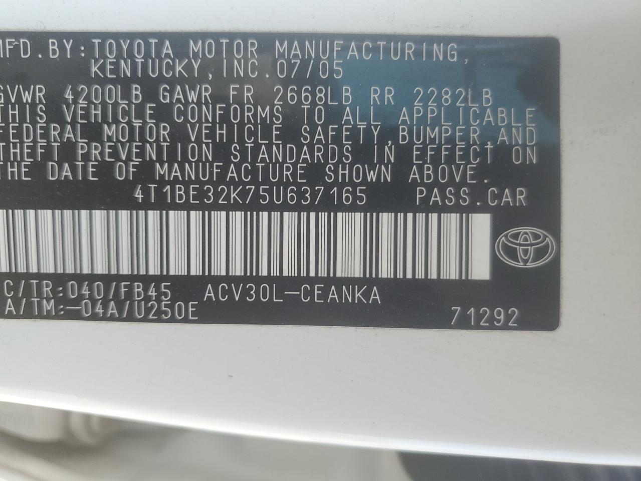 4T1BE32K75U637165 2005 Toyota Camry Le