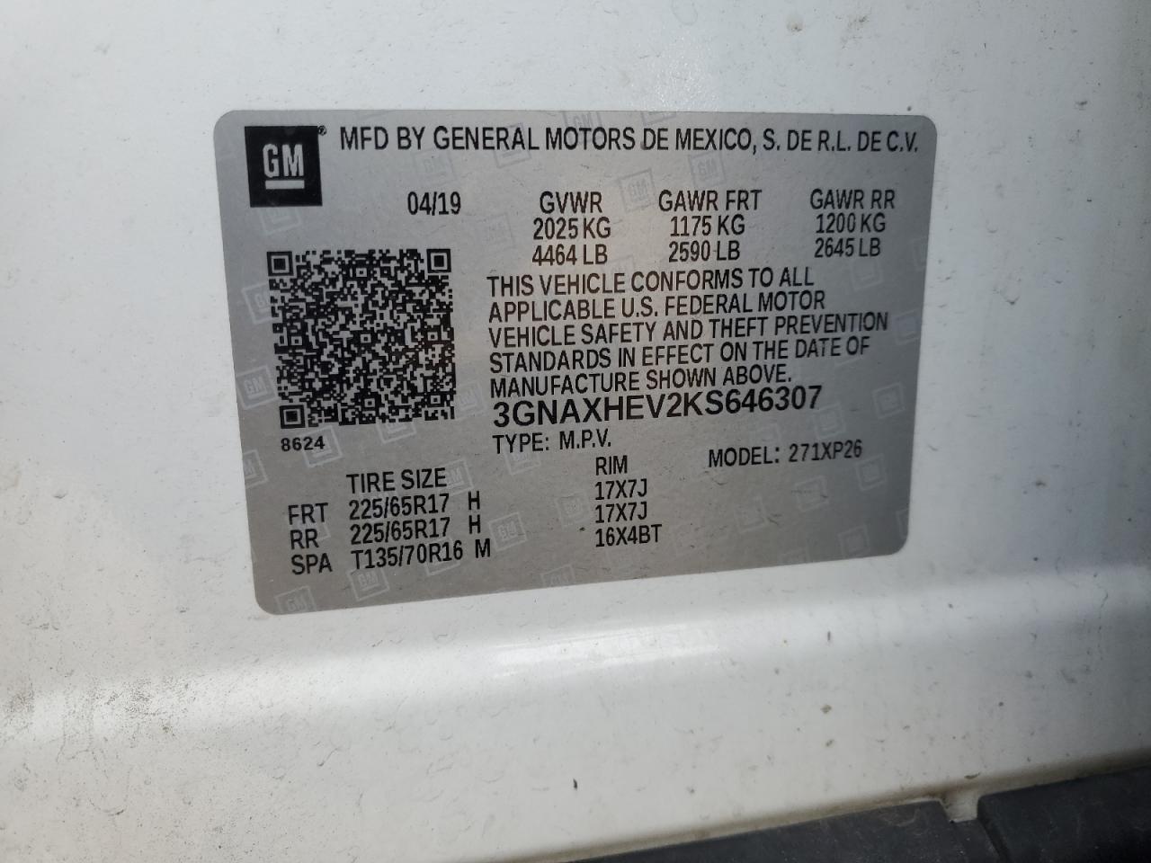 3GNAXHEV2KS646307 2019 Chevrolet Equinox Ls