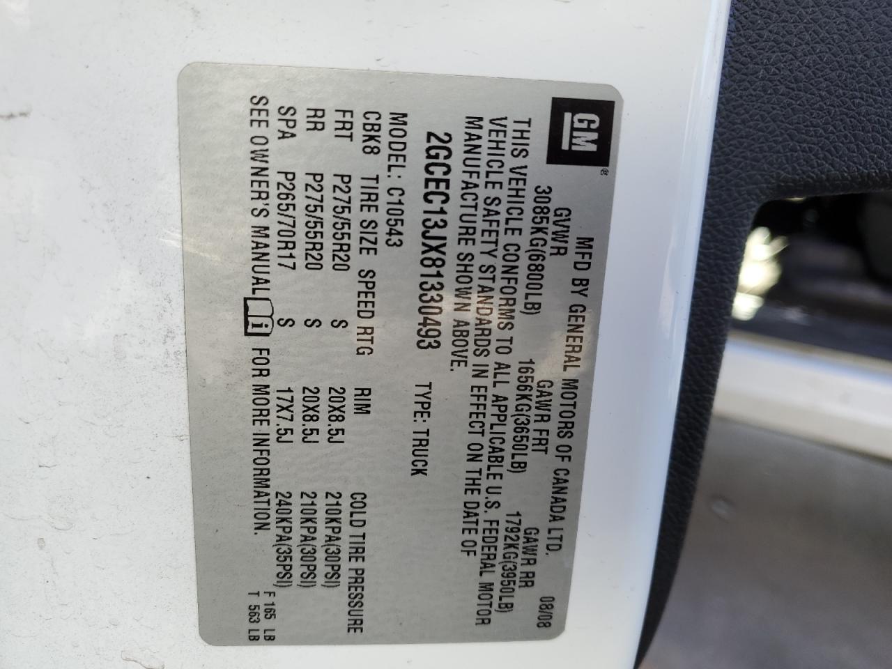 2GCEC13JX81330493 2008 Chevrolet Silverado C1500