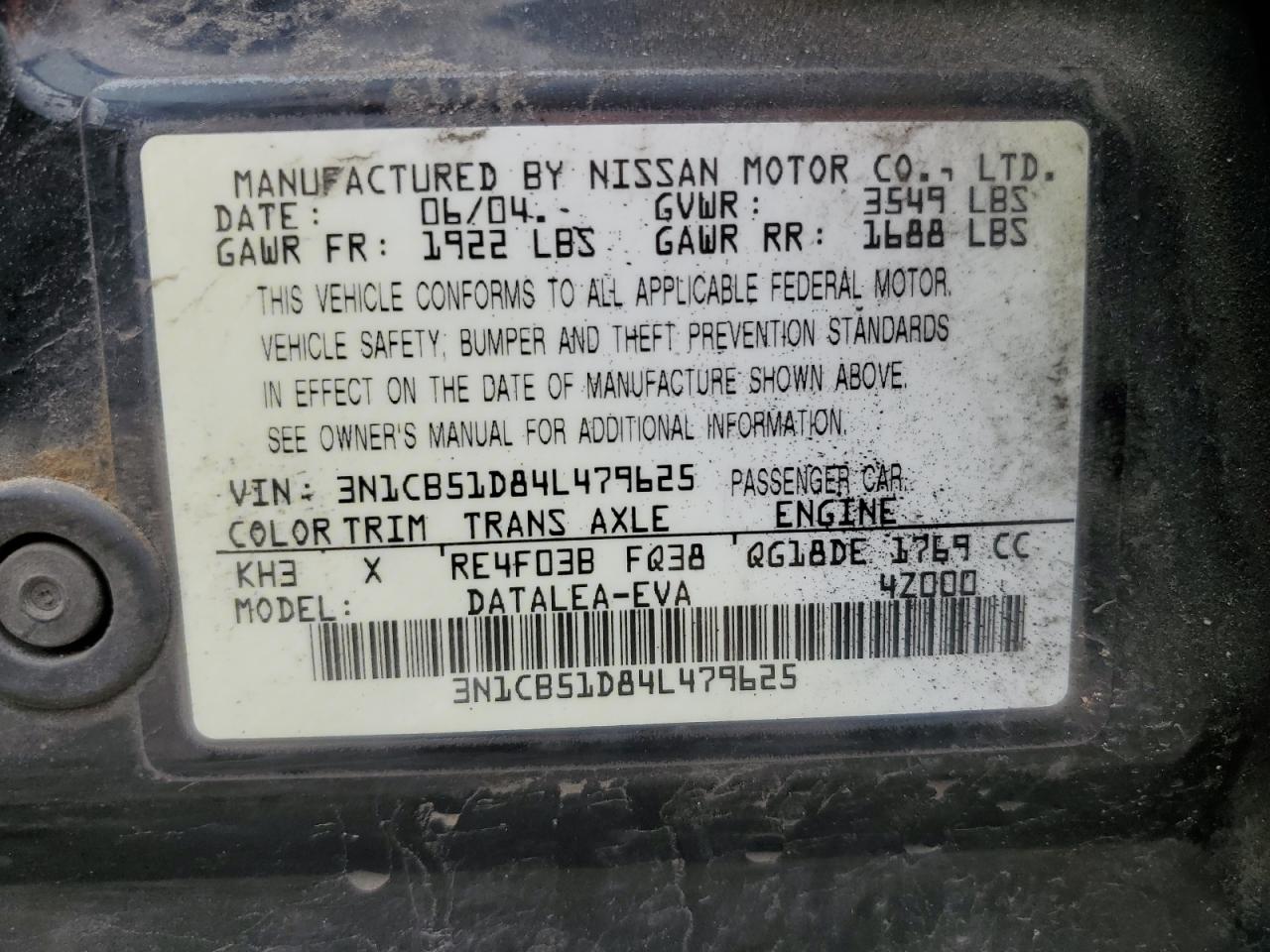 3N1CB51D84L479625 2004 Nissan Sentra 1.8