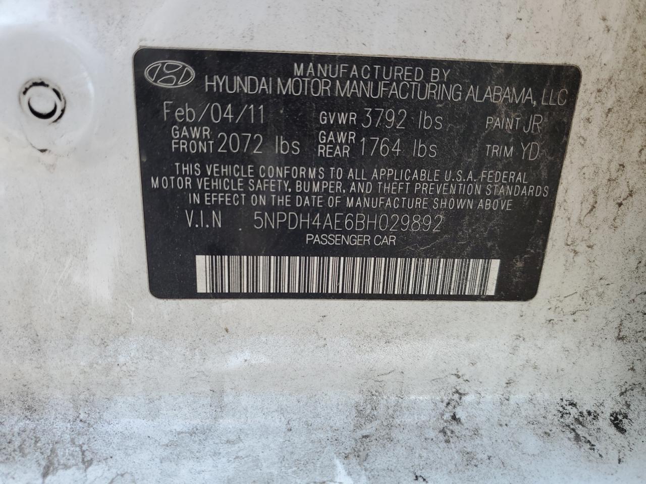 5NPDH4AE6BH029892 2011 Hyundai Elantra Gls