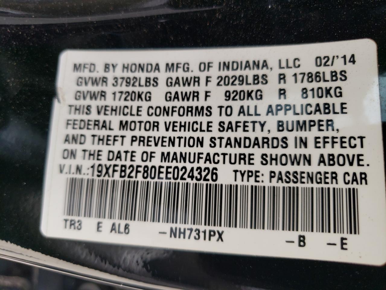 19XFB2F80EE024326 2014 Honda Civic Ex