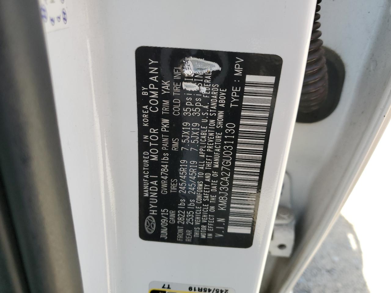 KM8J3CA27GU031130 2016 Hyundai Tucson Limited