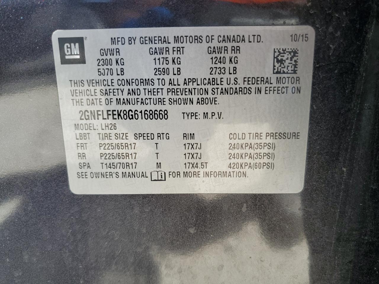 2GNFLFEK8G6168668 2016 Chevrolet Equinox Lt