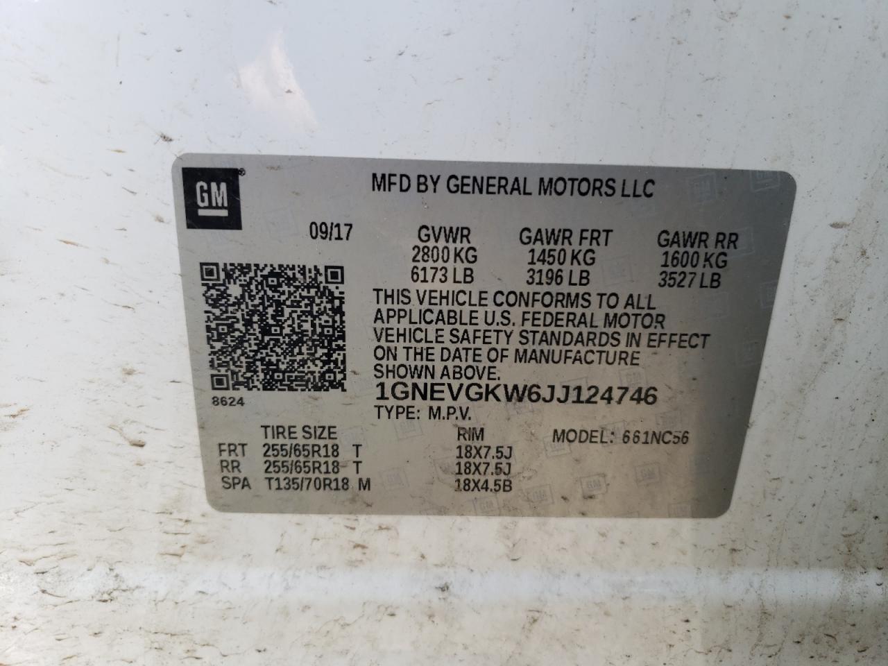 1GNEVGKW6JJ124746 2018 Chevrolet Traverse Lt