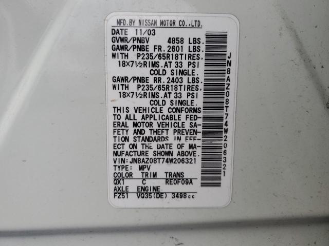 2004 Nissan Murano Sl VIN: JN8AZ08T74W206321 Lot: 55135244