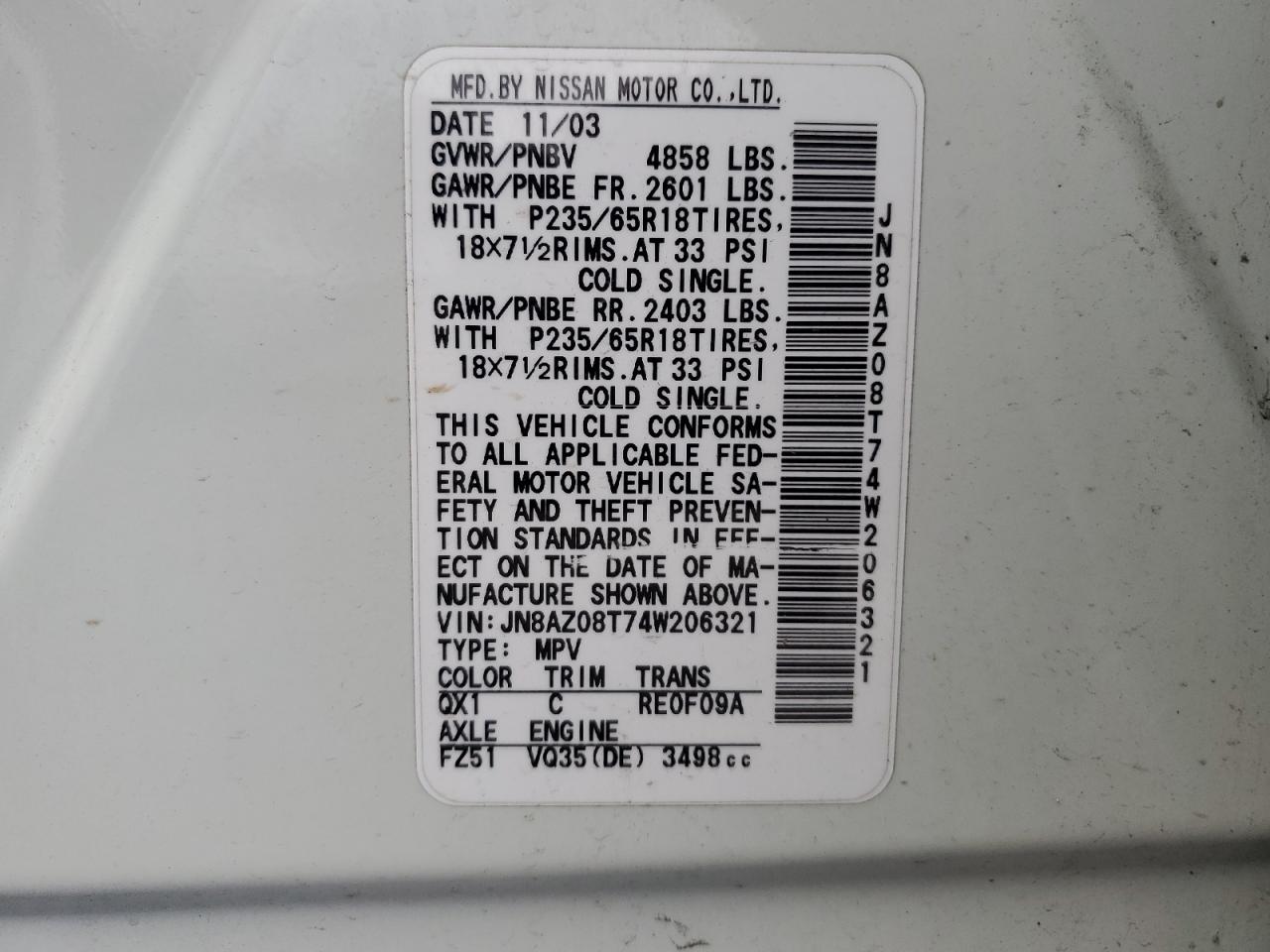 JN8AZ08T74W206321 2004 Nissan Murano Sl