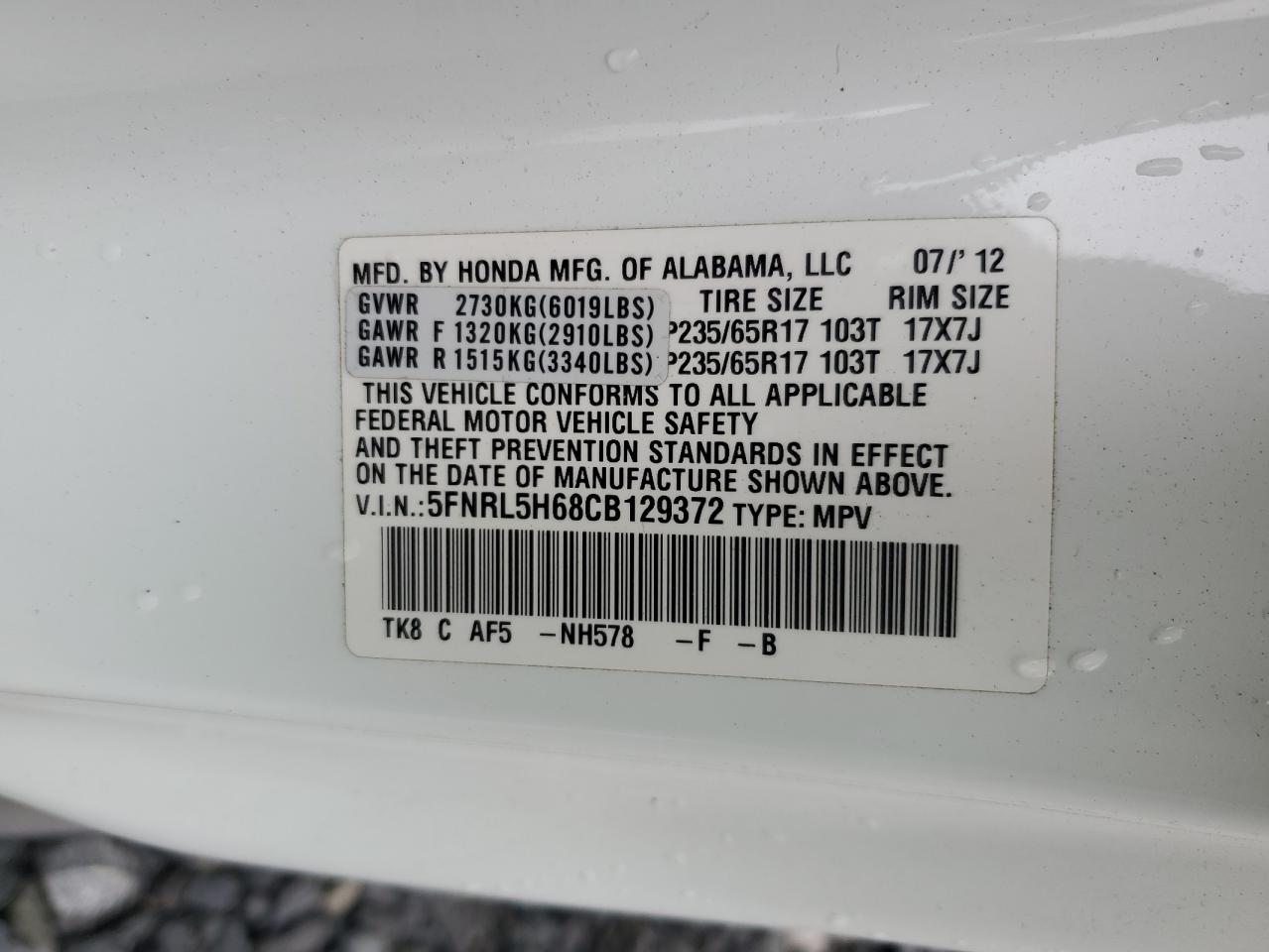 5FNRL5H68CB129372 2012 Honda Odyssey Exl