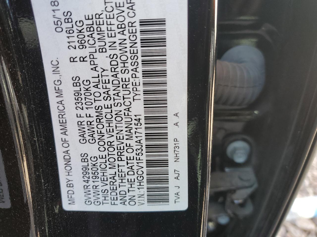 1HGCV1F53JA171541 2018 Honda Accord Exl