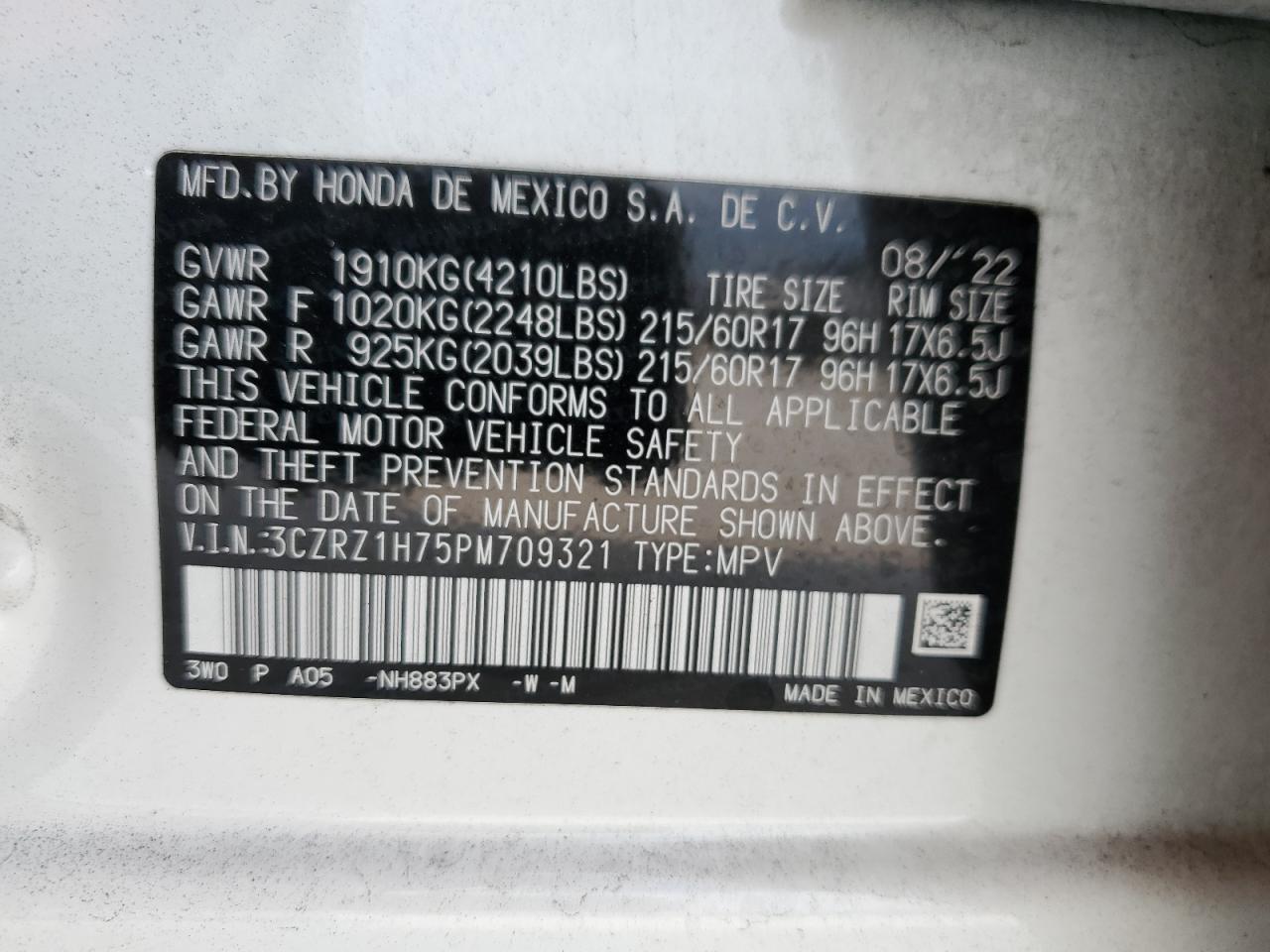 3CZRZ1H75PM709321 2023 Honda Hr-V Exl